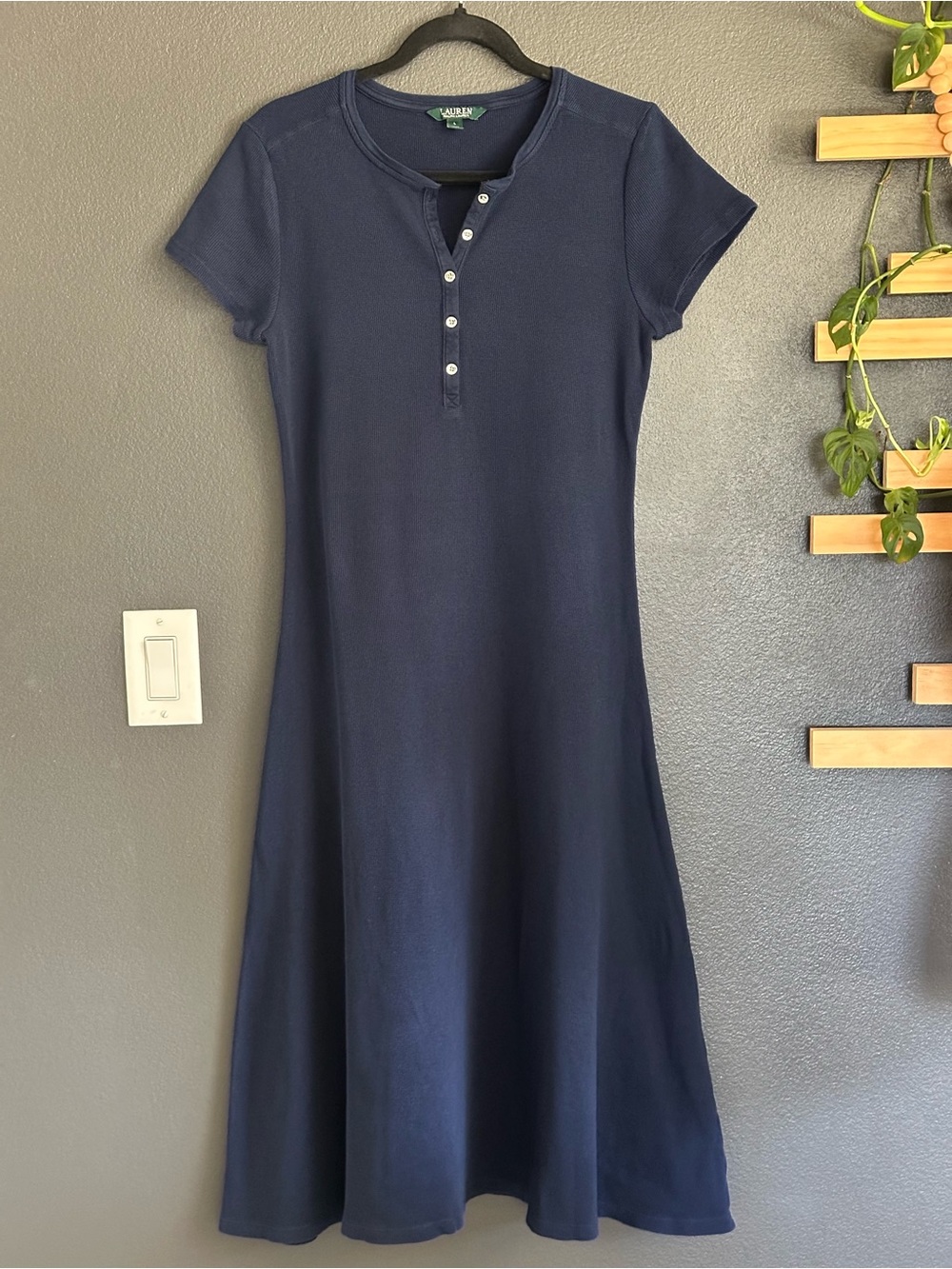 Lauren Ralph Lauren Waffle-Knit Cotton Henley Midi Dress Navy Size L - Picture 1 of 9